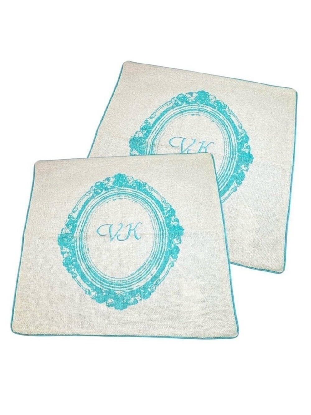New Pottery Barn PB Teen Throw Pillow Covers Cases 2PSs 18” Linen Cream Teal